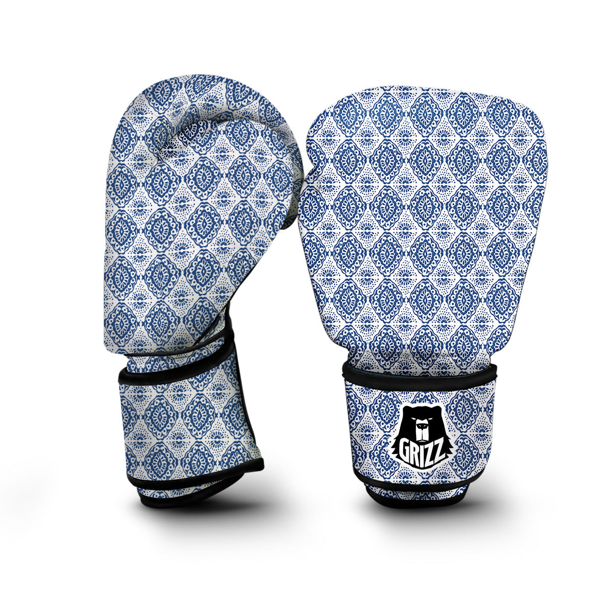 Ikat Blue White Print Pattern Boxing Gloves-grizzshop