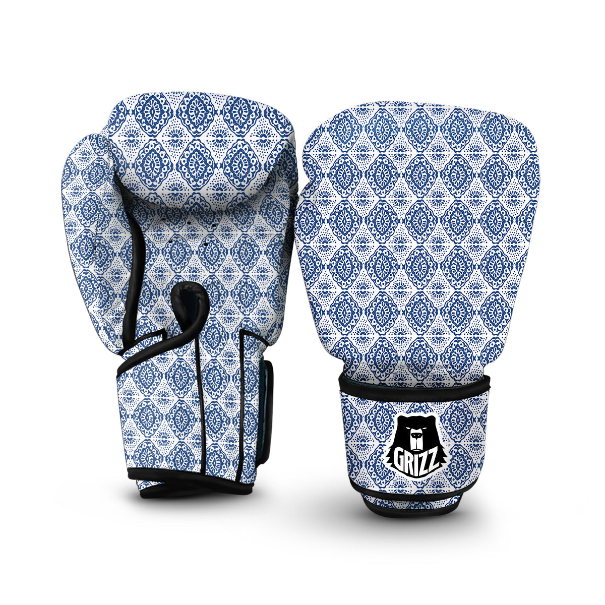 Ikat Blue White Print Pattern Boxing Gloves-grizzshop