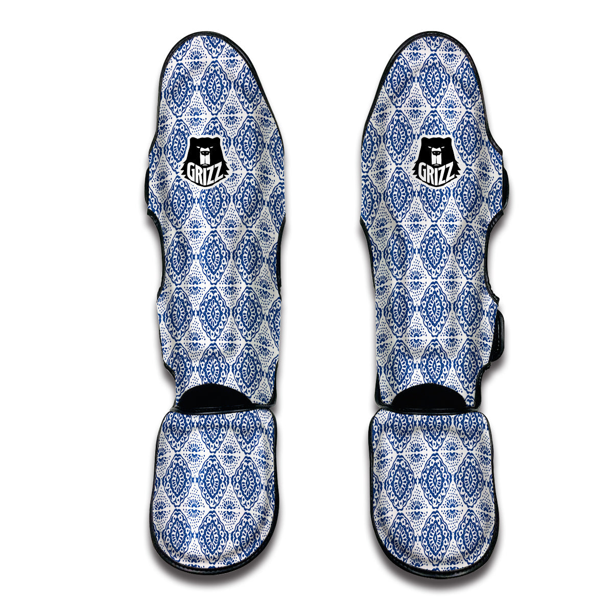 Ikat Blue White Print Pattern Muay Thai Shin Guards-grizzshop