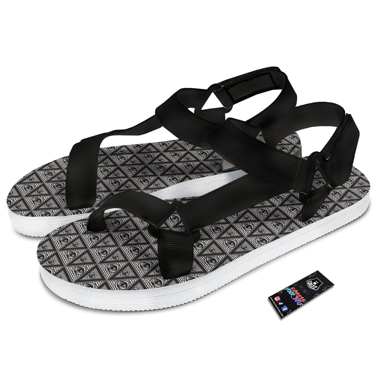 Illuminati Print Pattern Black Open Toe Sandals-grizzshop