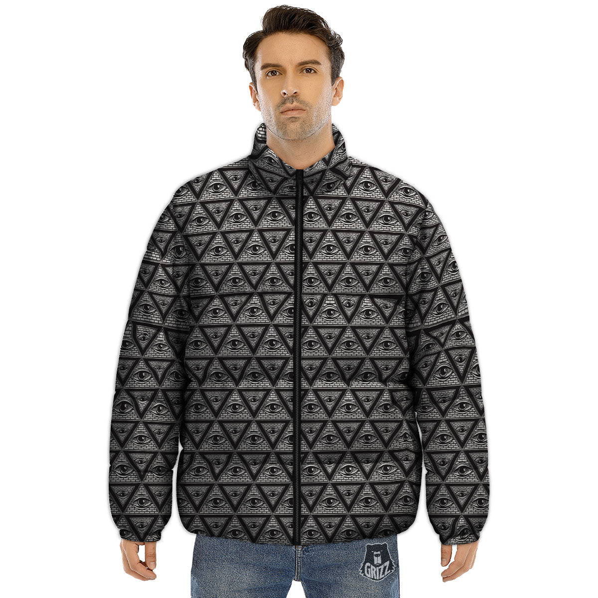 Illuminati Print Pattern Puffer Jacket-grizzshop