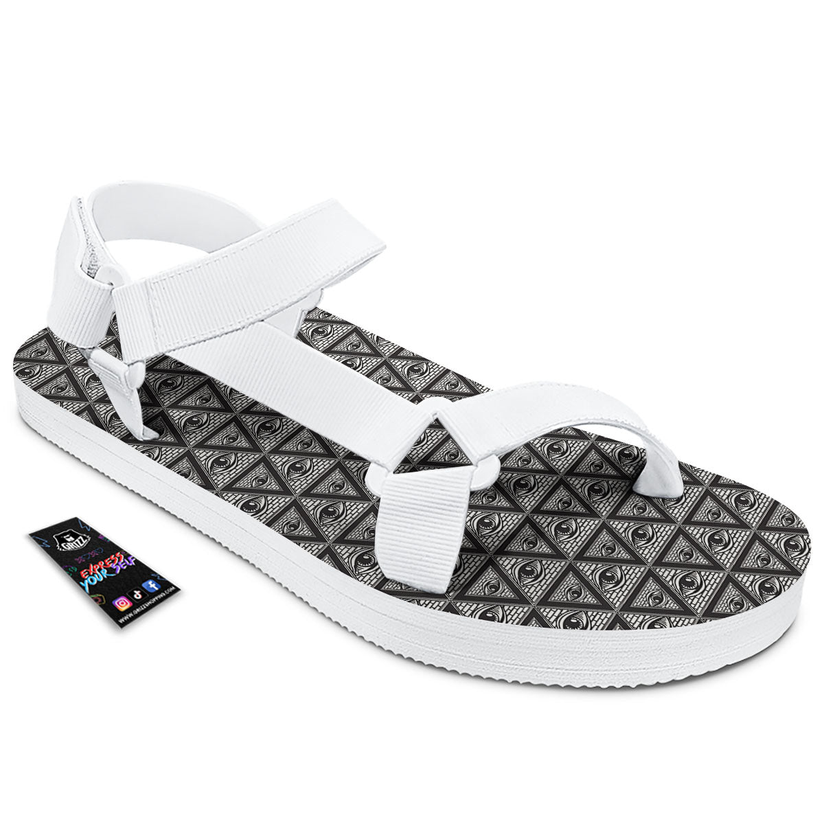 Illuminati Print Pattern White Open Toe Sandals-grizzshop