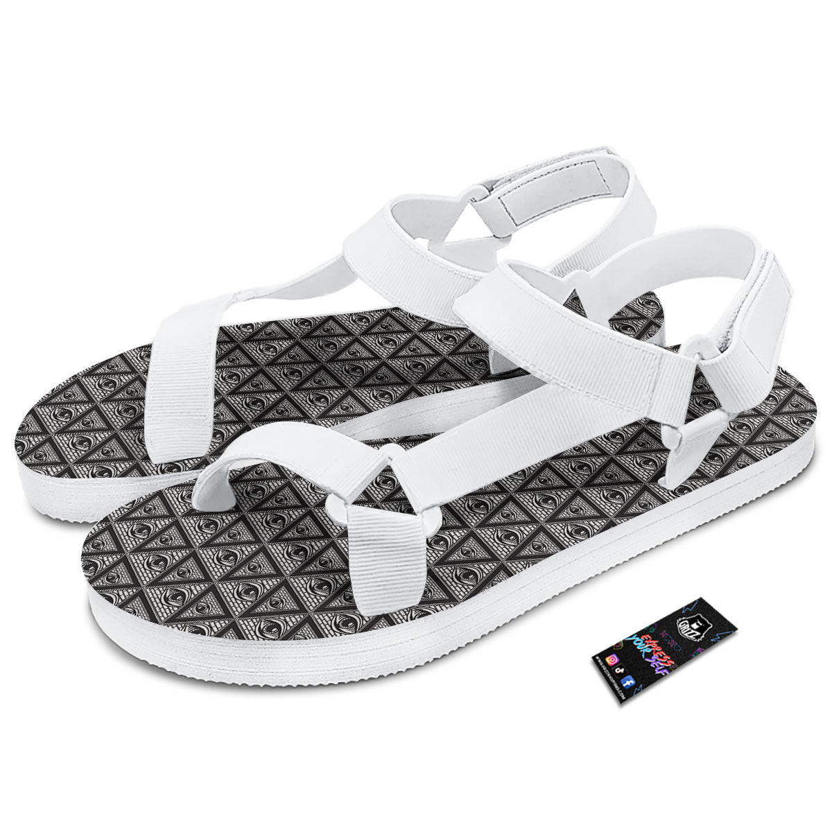 Illuminati Print Pattern White Open Toe Sandals-grizzshop