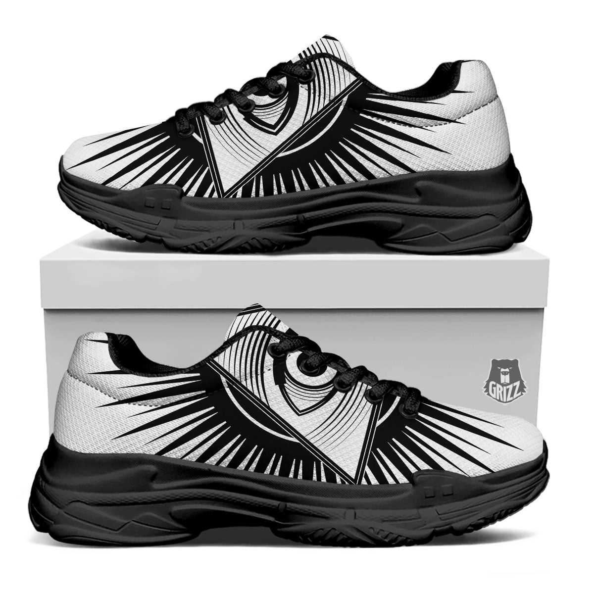 Illuminati White And Black Print Black Chunky Shoes-grizzshop