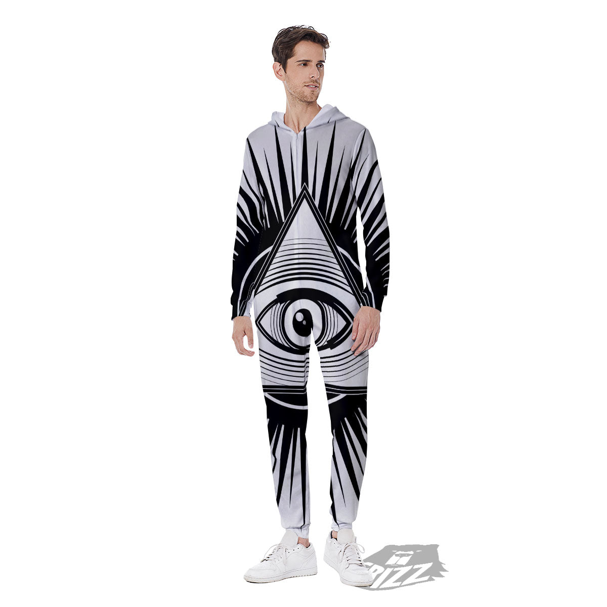 Illuminati White And Black Print Men's Jumpsuit-grizzshop