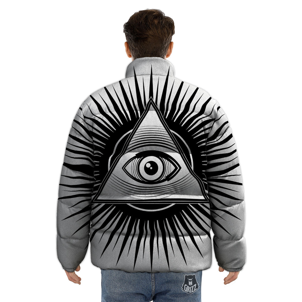 Illuminati White And Black Print Puffer Jacket-grizzshop