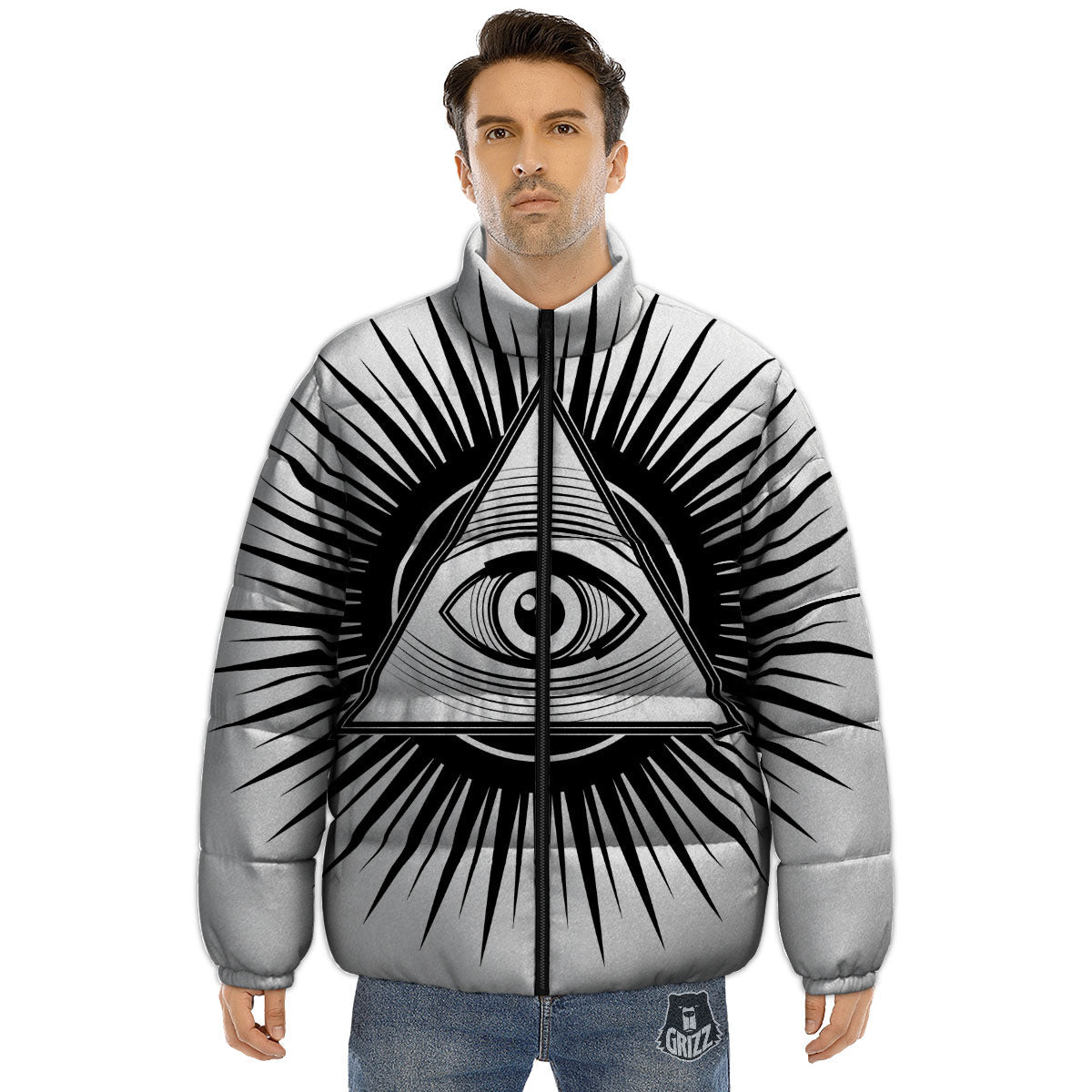 Illuminati White And Black Print Puffer Jacket-grizzshop