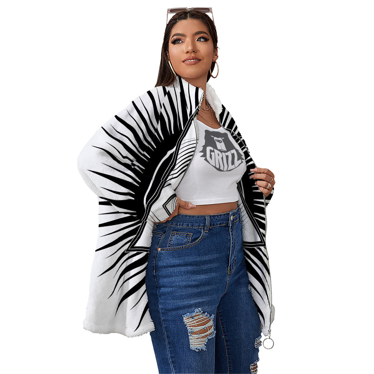 Illuminati White And Black Print Women's Sherpa Jacket-grizzshop