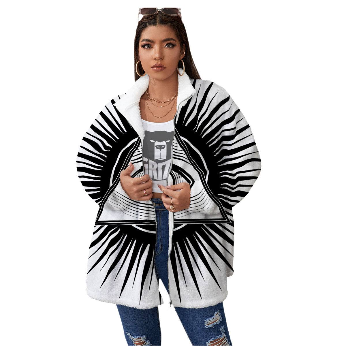 Illuminati White And Black Print Women's Sherpa Jacket-grizzshop