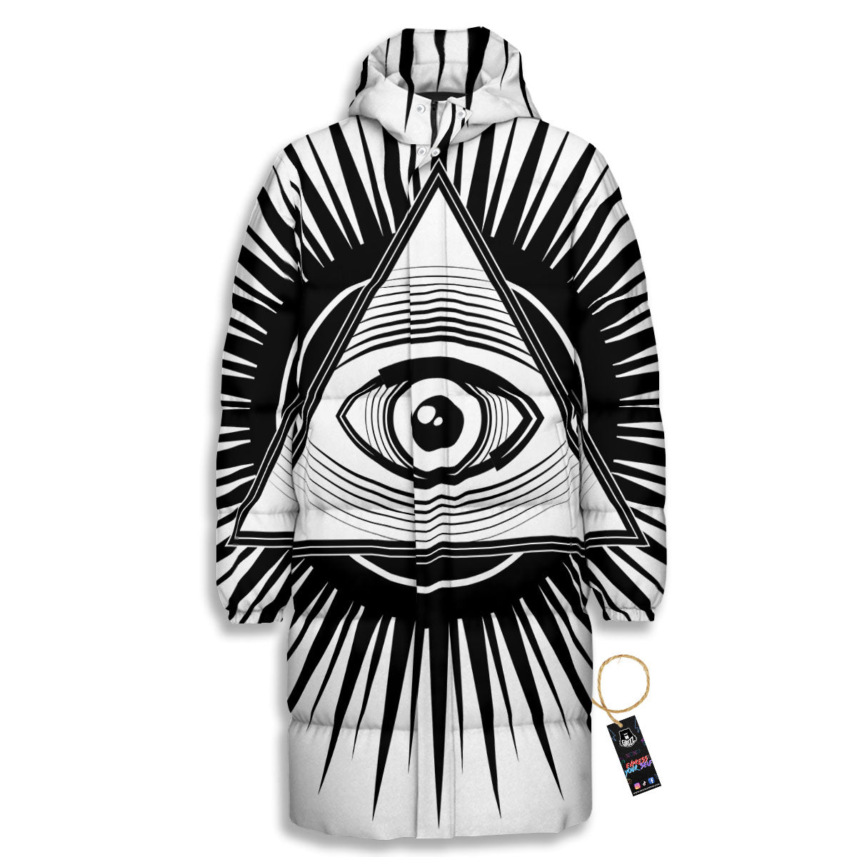 Illuminati White And Black Print Long Down Jacket