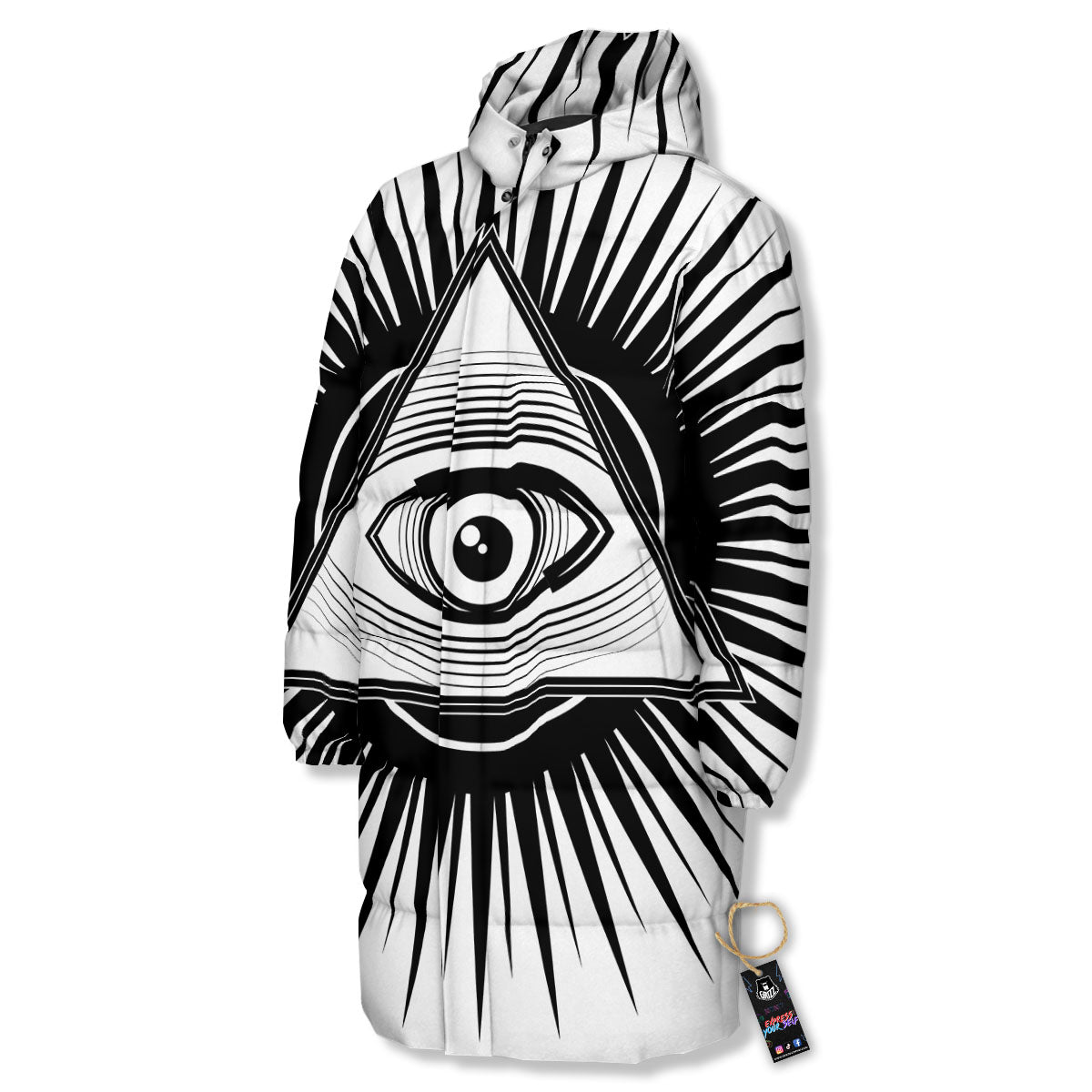 Illuminati White And Black Print Long Down Jacket