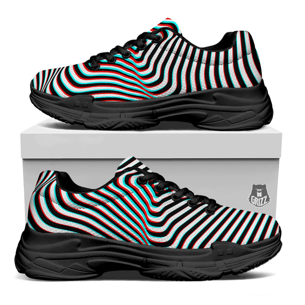 Illusion Anaglyph Optical Print Black Chunky Shoes-grizzshop