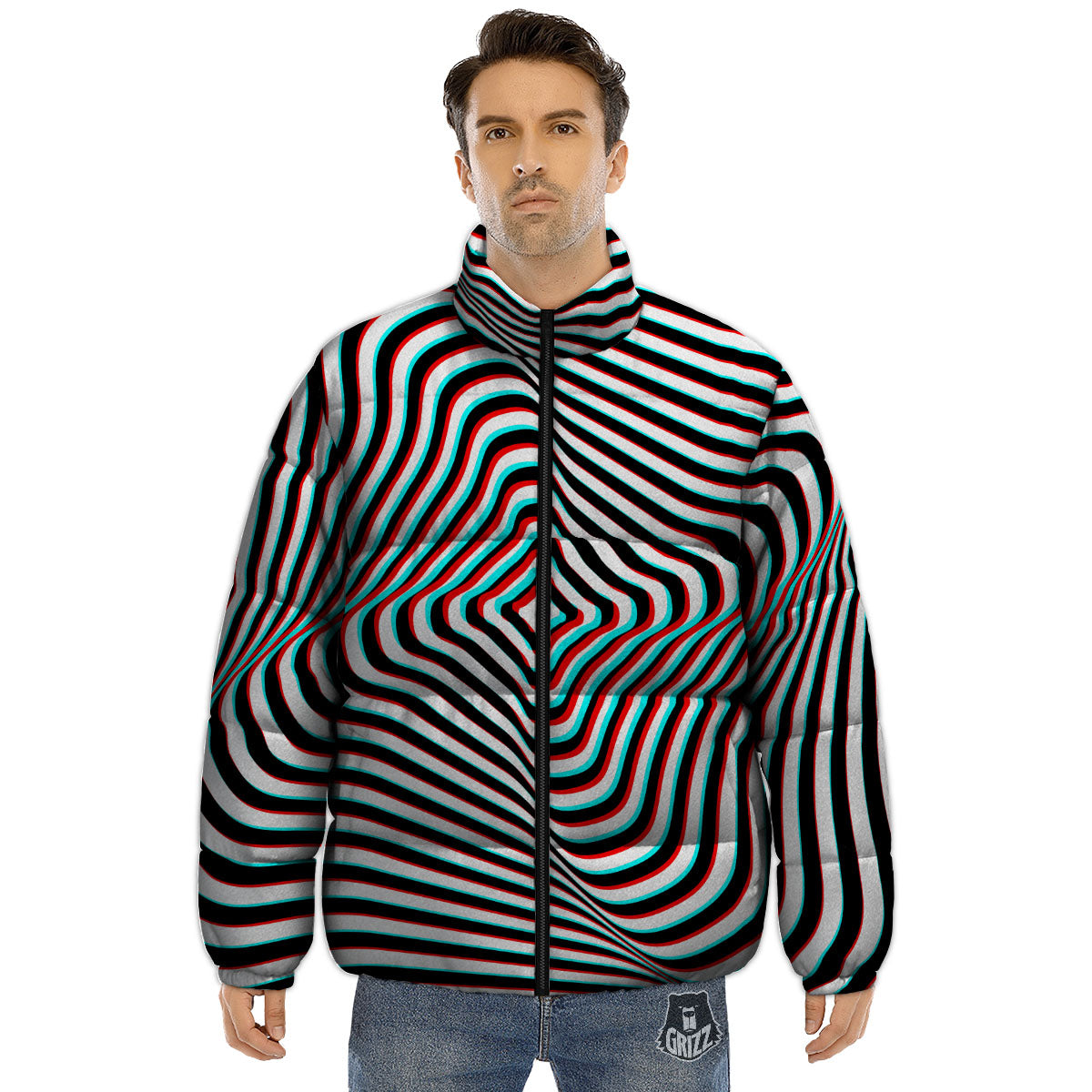 Illusion Anaglyph Optical Print Puffer Jacket-grizzshop