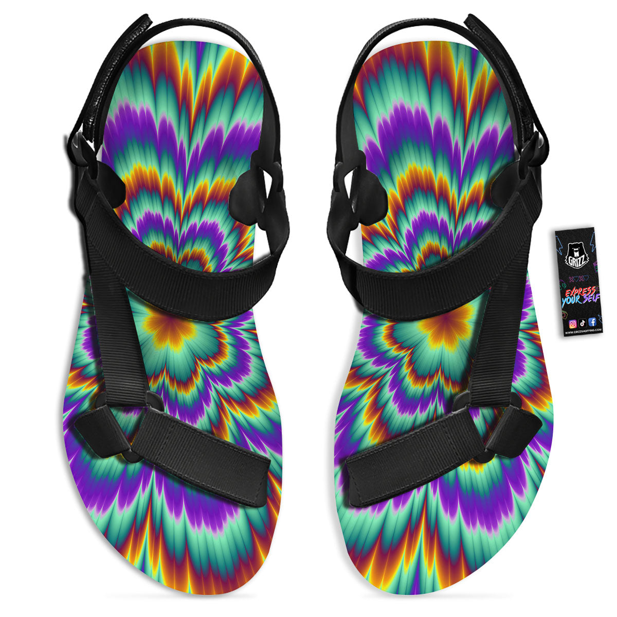 Illusion Optical Explosion Psychedelic Black Open Toe Sandals-grizzshop