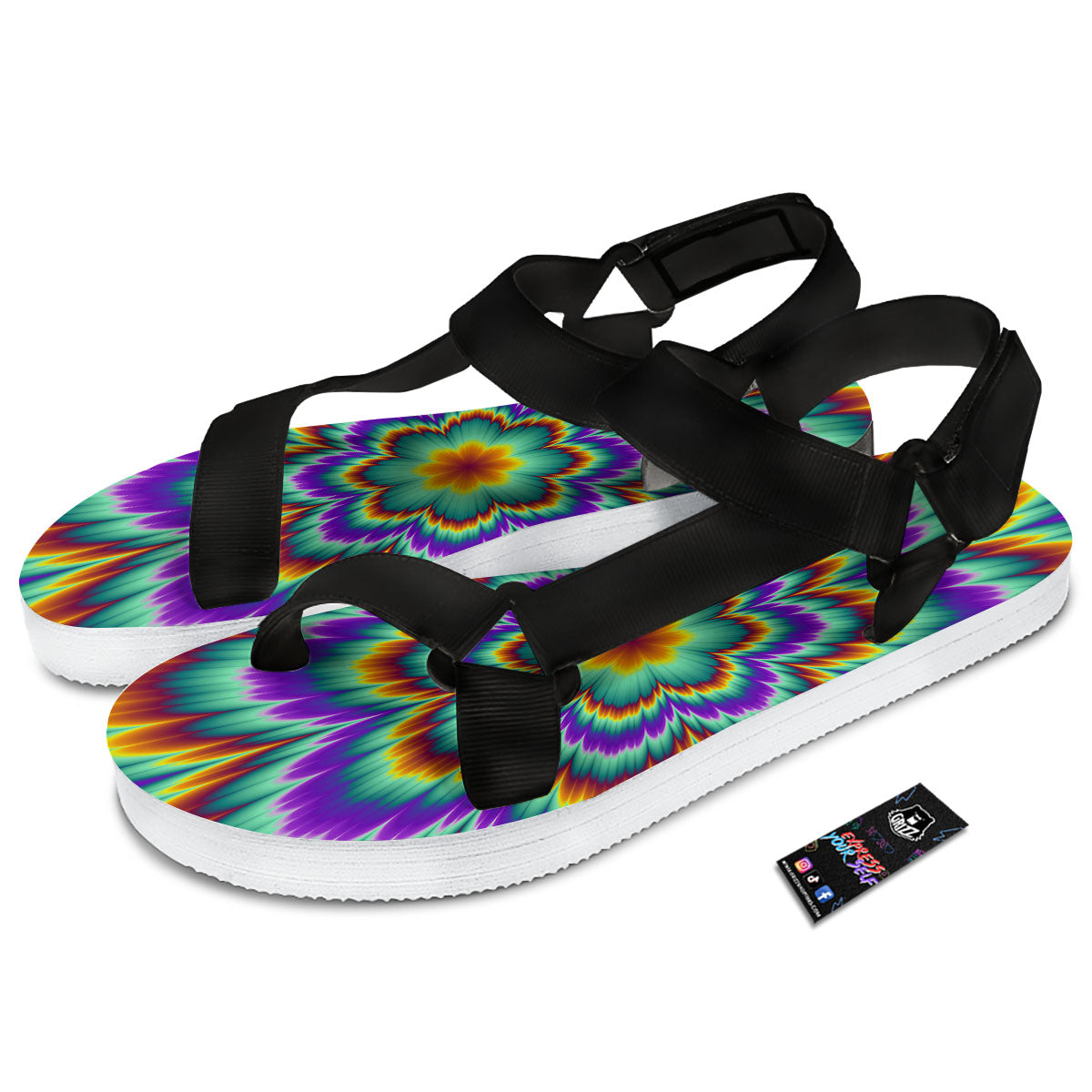 Illusion Optical Explosion Psychedelic Black Open Toe Sandals-grizzshop