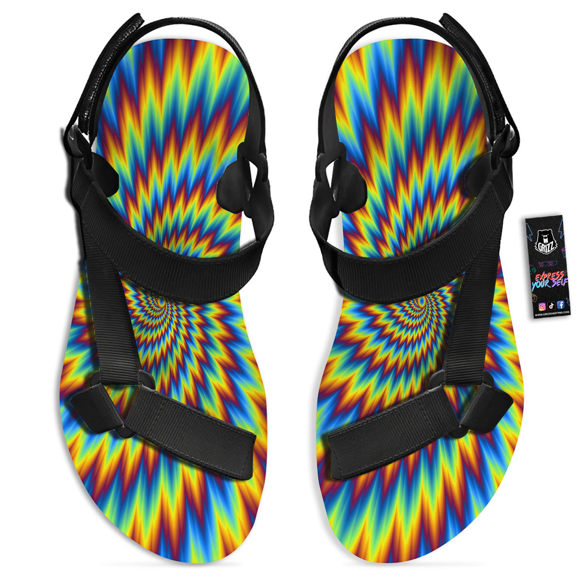 Illusion Optical Psychedelic Expansion Black Open Toe Sandals-grizzshop