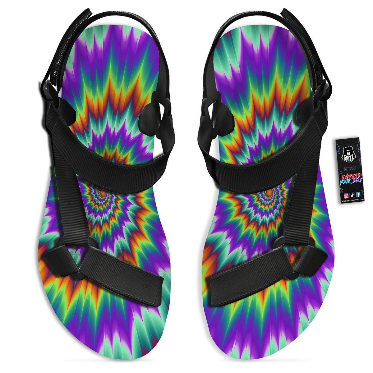 Illusion Optical Psychedelic Spiral Black Open Toe Sandals-grizzshop