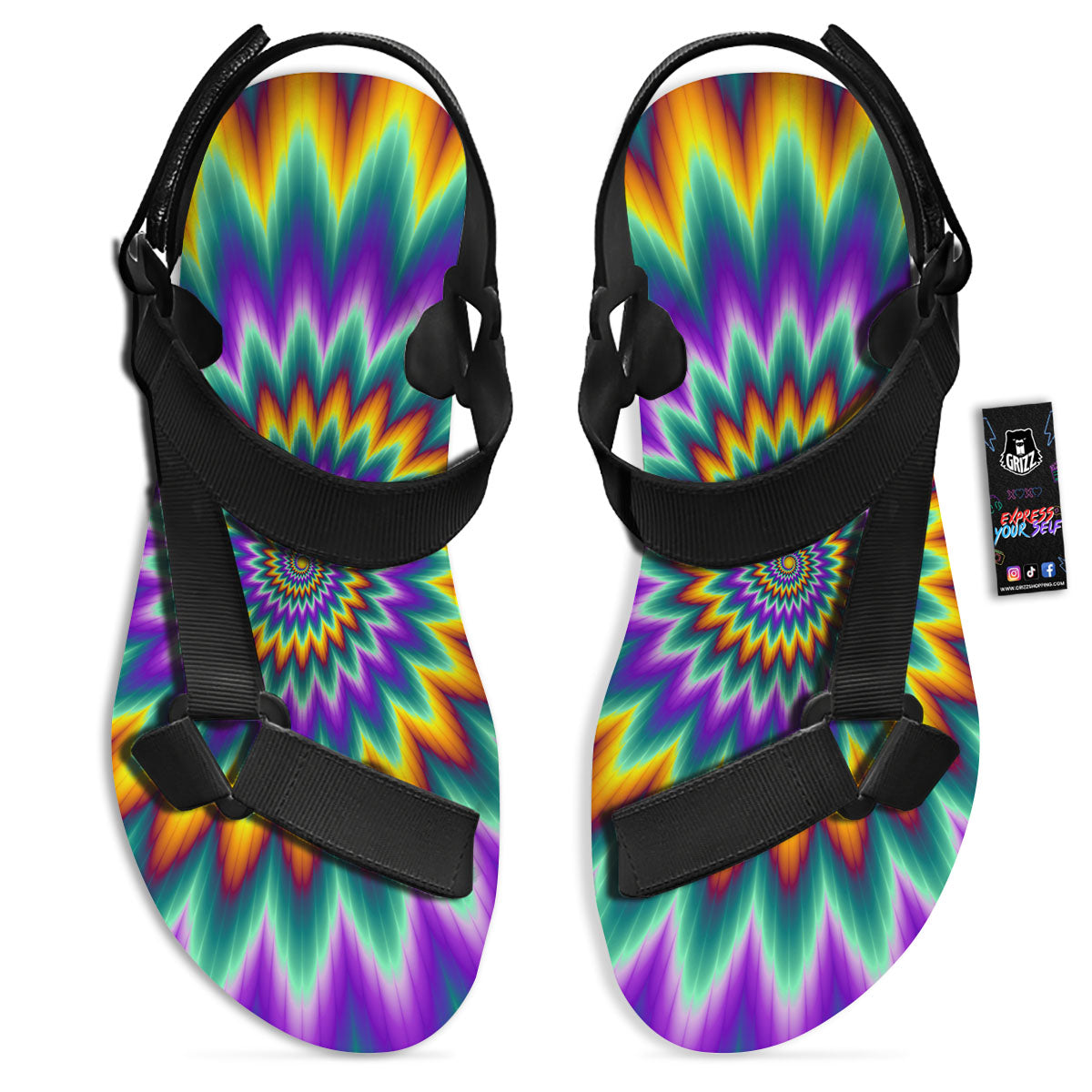 Illusion Optical Rave Psychedelic Black Open Toe Sandals-grizzshop