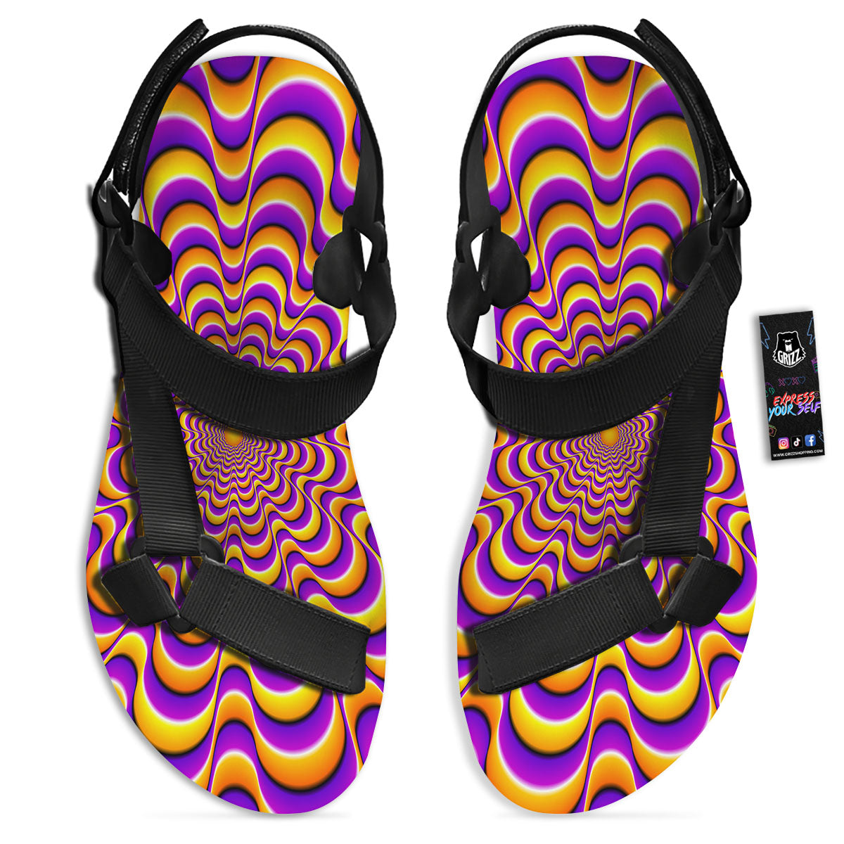 Illusion Optical Wave Psychedelic Black Open Toe Sandals-grizzshop