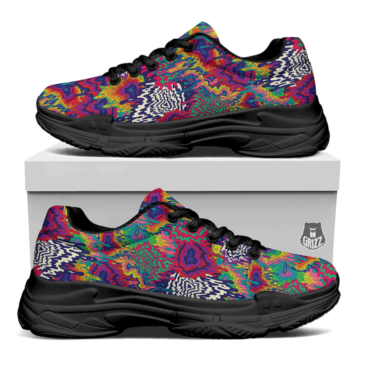Illusion Psychedelic Print Pattern Black Chunky Shoes-grizzshop