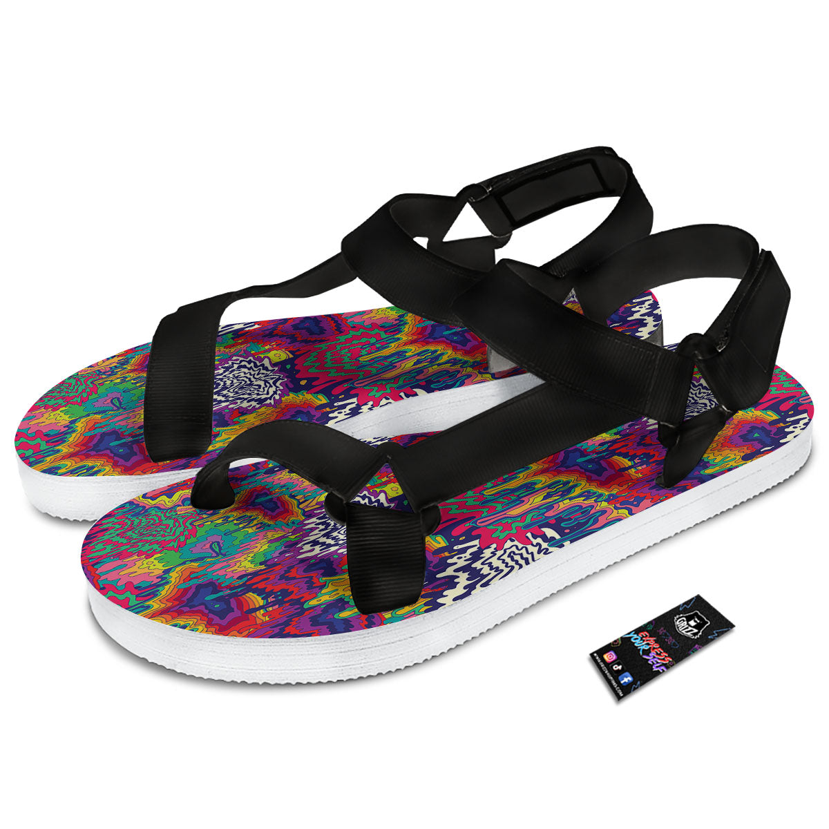 Illusion Psychedelic Print Pattern Black Open Toe Sandals-grizzshop