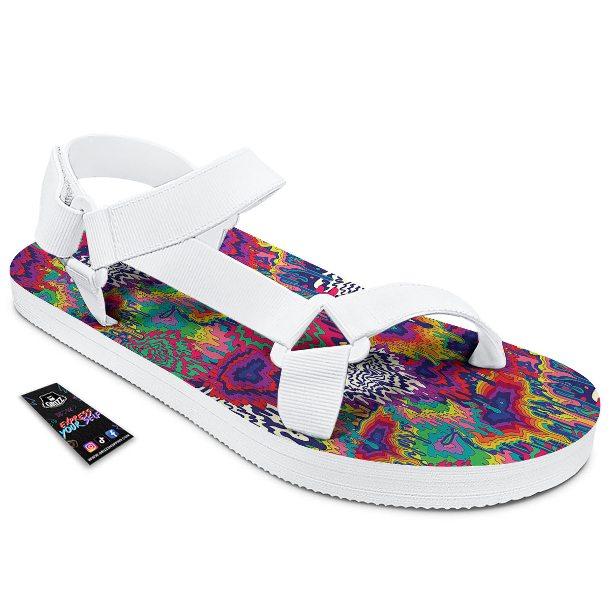 Illusion Psychedelic Print Pattern White Open Toe Sandals-grizzshop