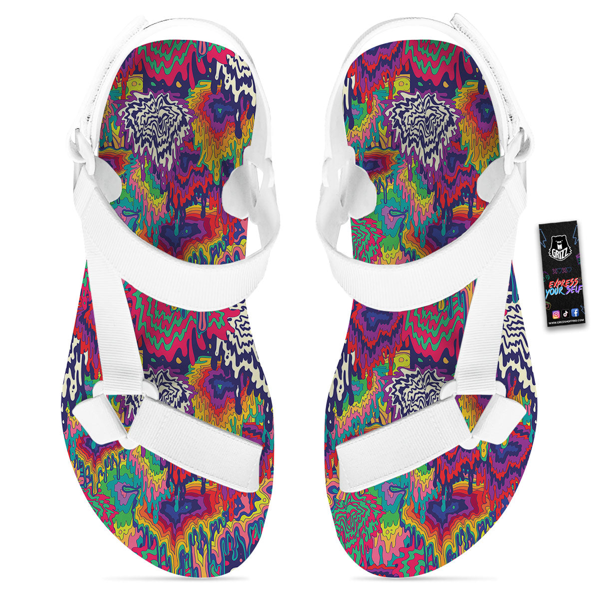 Illusion Psychedelic Print Pattern White Open Toe Sandals-grizzshop