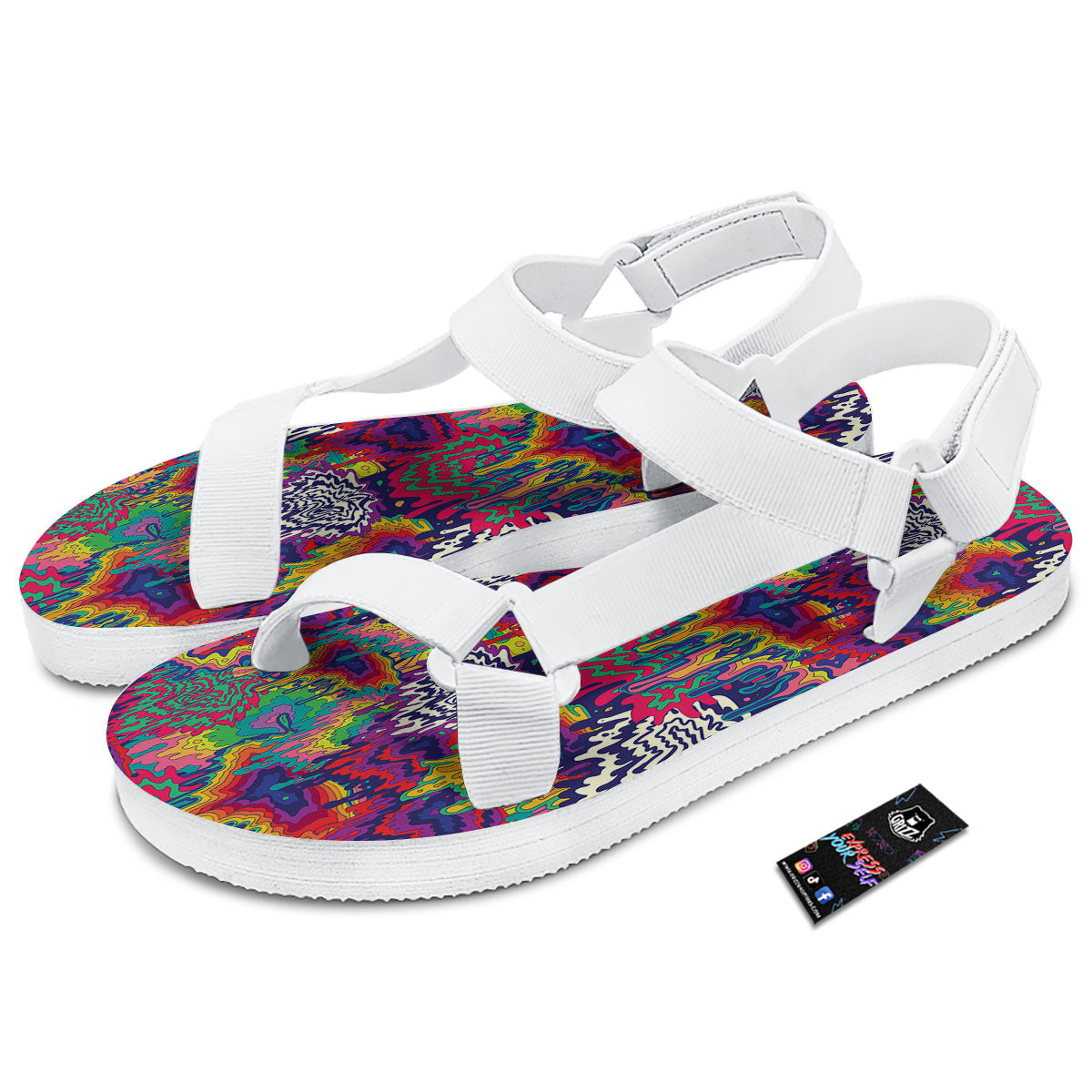 Illusion Psychedelic Print Pattern White Open Toe Sandals-grizzshop
