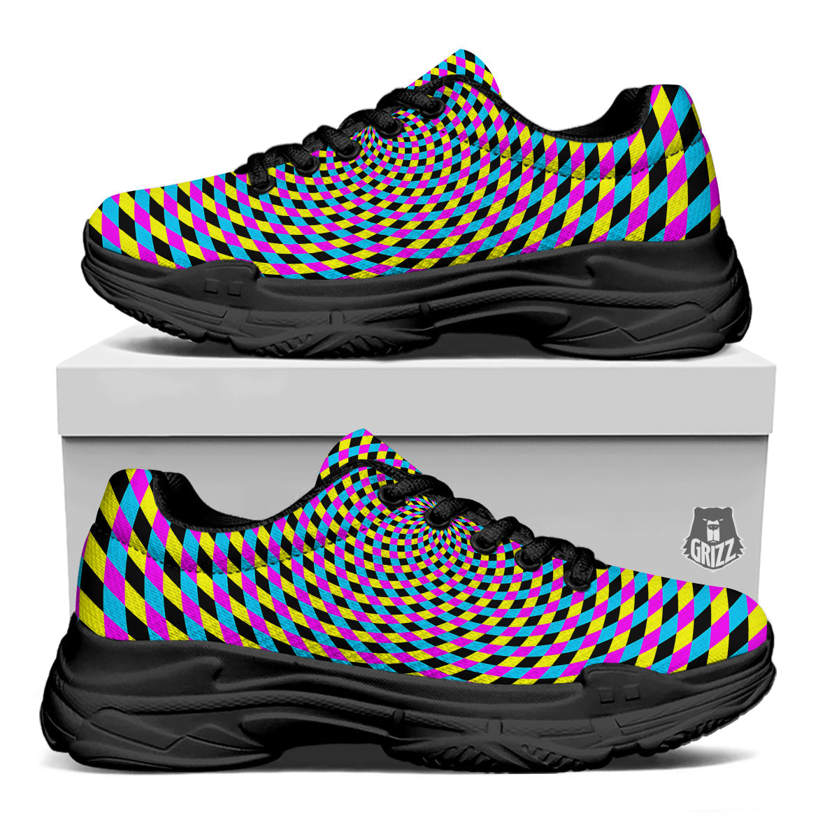 Illusion Spiral Colorful Print Black Chunky Shoes-grizzshop
