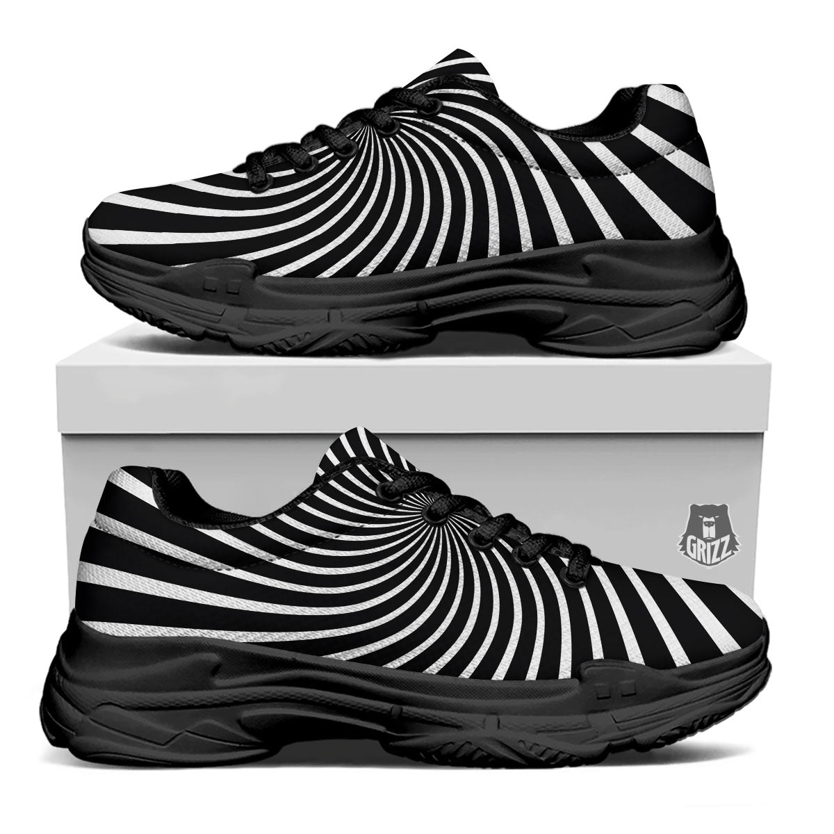 Illusory Motion White And Black Print Black Chunky Shoes-grizzshop