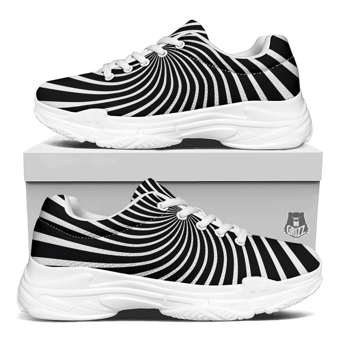 Illusory Motion White And Black Print White Chunky Shoes-grizzshop