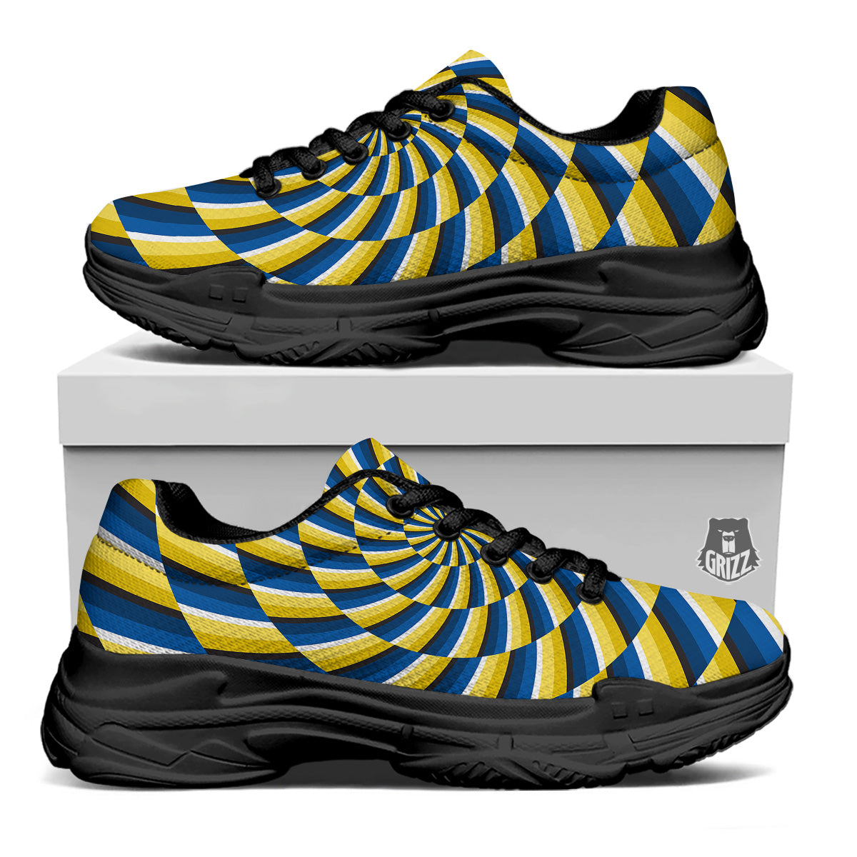 Illusory Motion Yellow And Blue Print Black Chunky Shoes-grizzshop