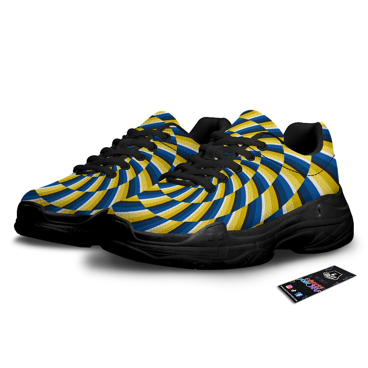 Illusory Motion Yellow And Blue Print Black Chunky Shoes-grizzshop