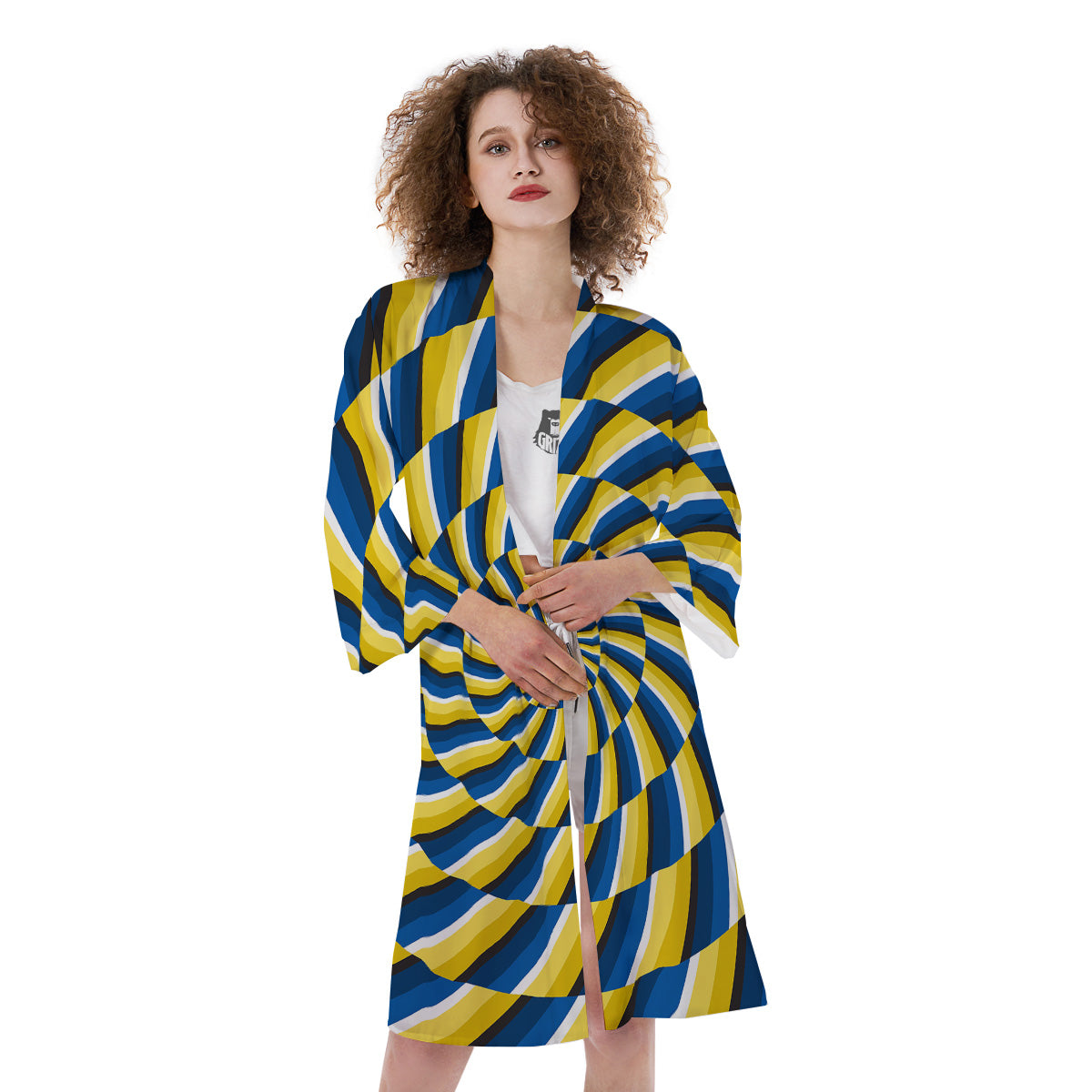 Illusory Motion Yellow And Blue Print Kimono-grizzshop