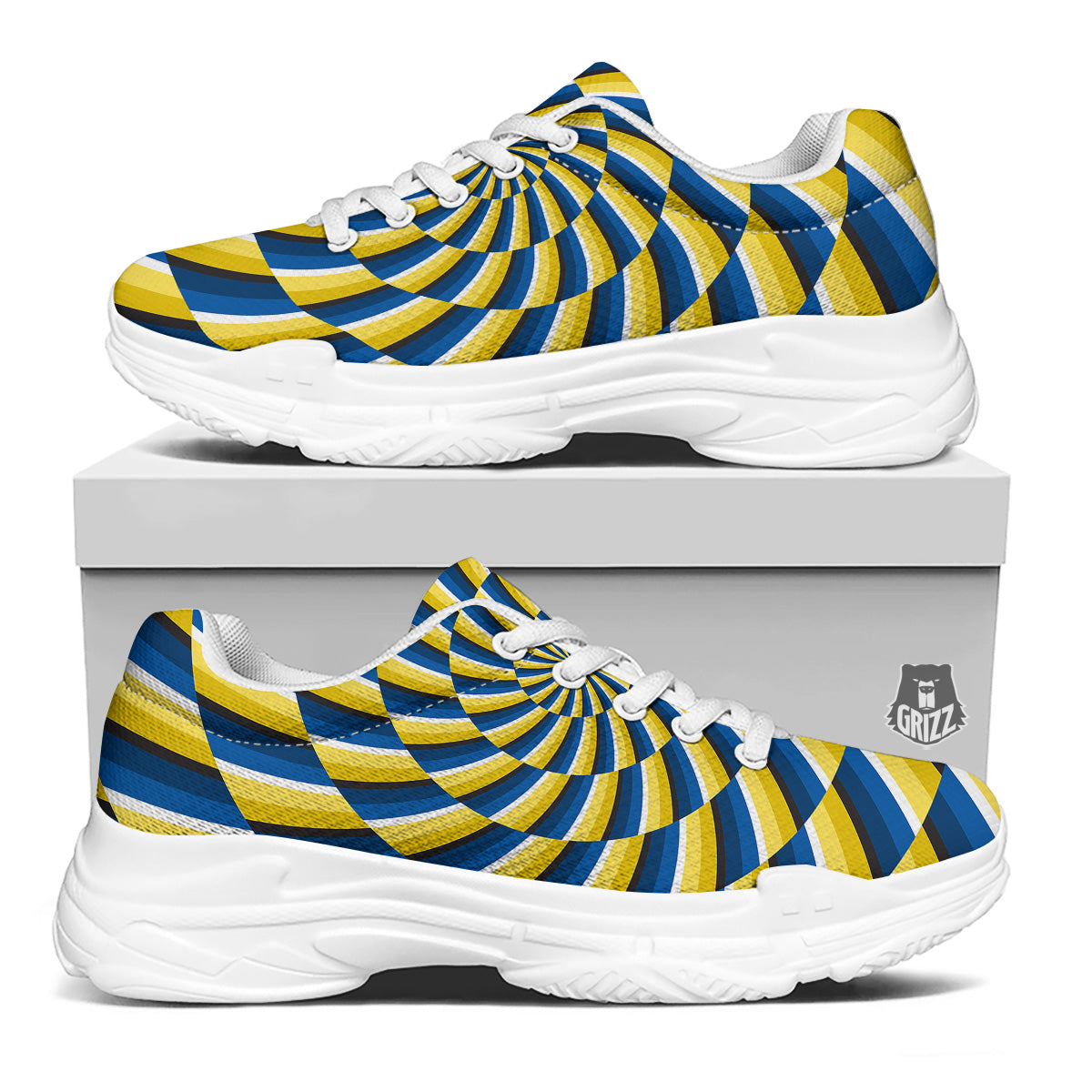 Illusory Motion Yellow And Blue Print White Chunky Shoes-grizzshop