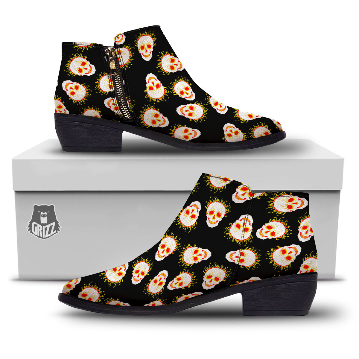 In Flames Skull Print Pattern Ankle Boots-grizzshop