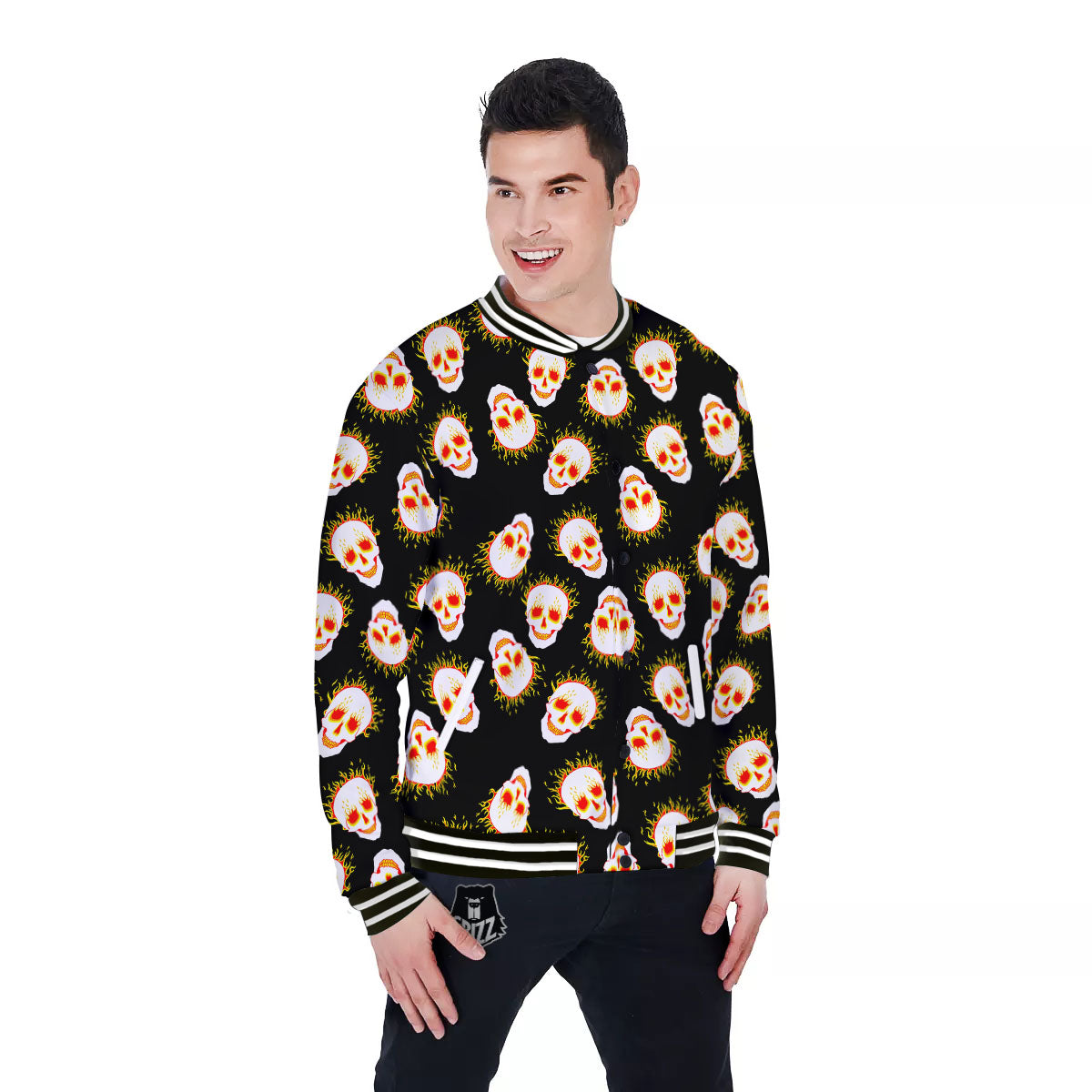 In Flames Skull Print Pattern Baseball Jacket-grizzshop