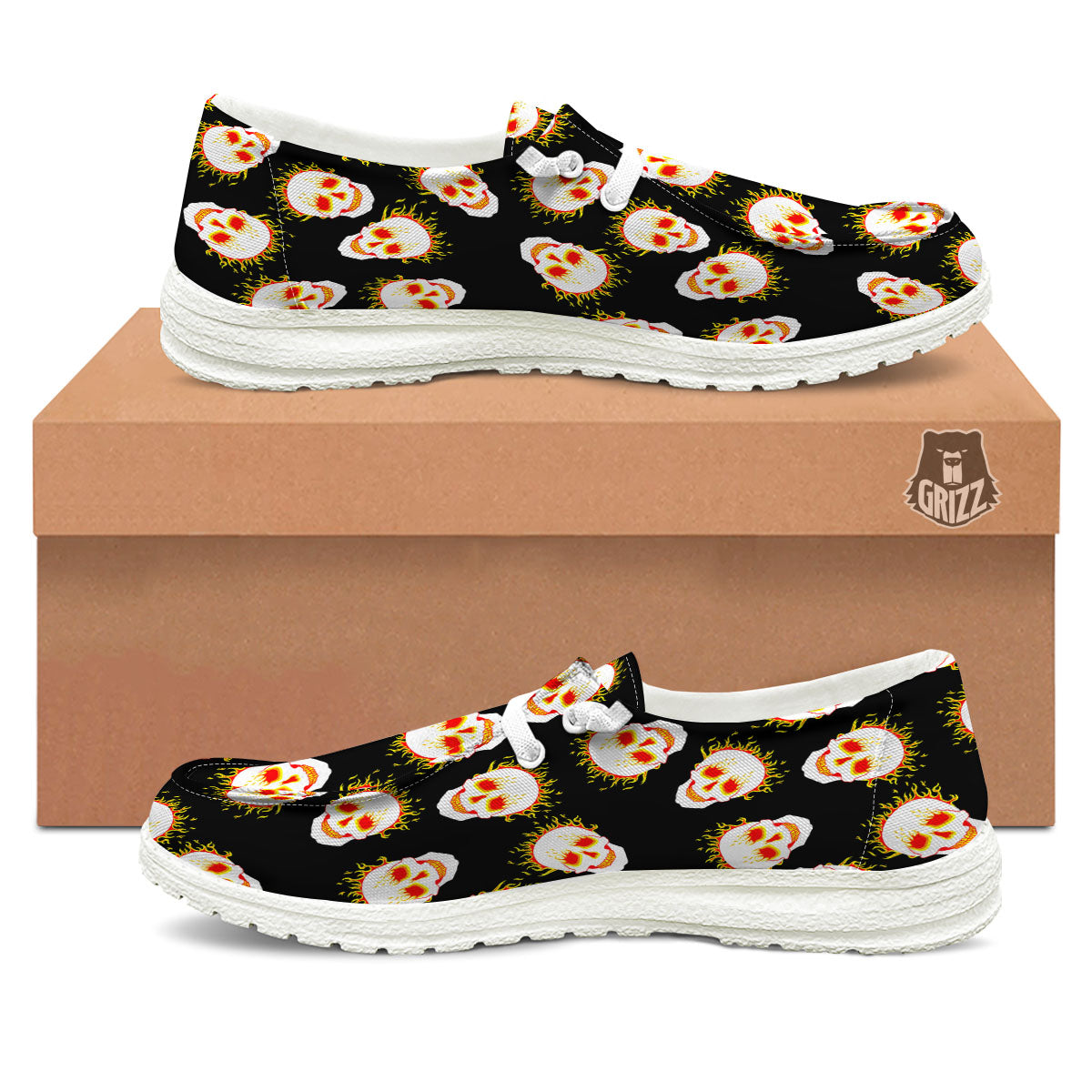 In Flames Skull Print Pattern Black Loafers-grizzshop