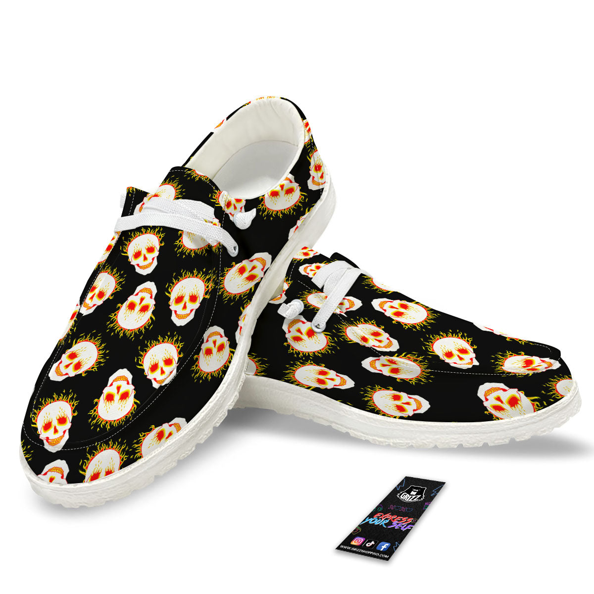 In Flames Skull Print Pattern Black Loafers-grizzshop