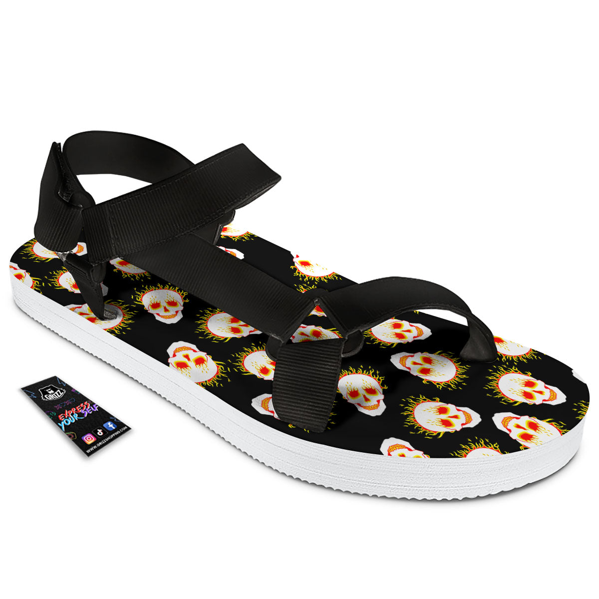 In Flames Skull Print Pattern Black Open Toe Sandals-grizzshop