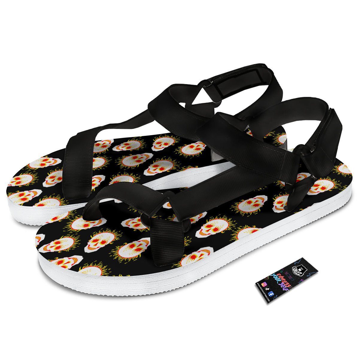 In Flames Skull Print Pattern Black Open Toe Sandals-grizzshop