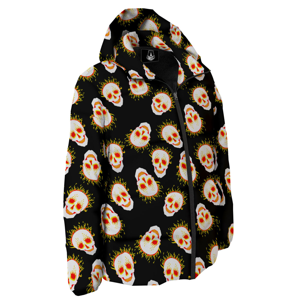 In Flames Skull Print Pattern Down Jacket-grizzshop