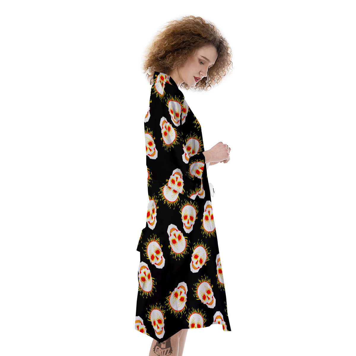 In Flames Skull Print Pattern Kimono-grizzshop