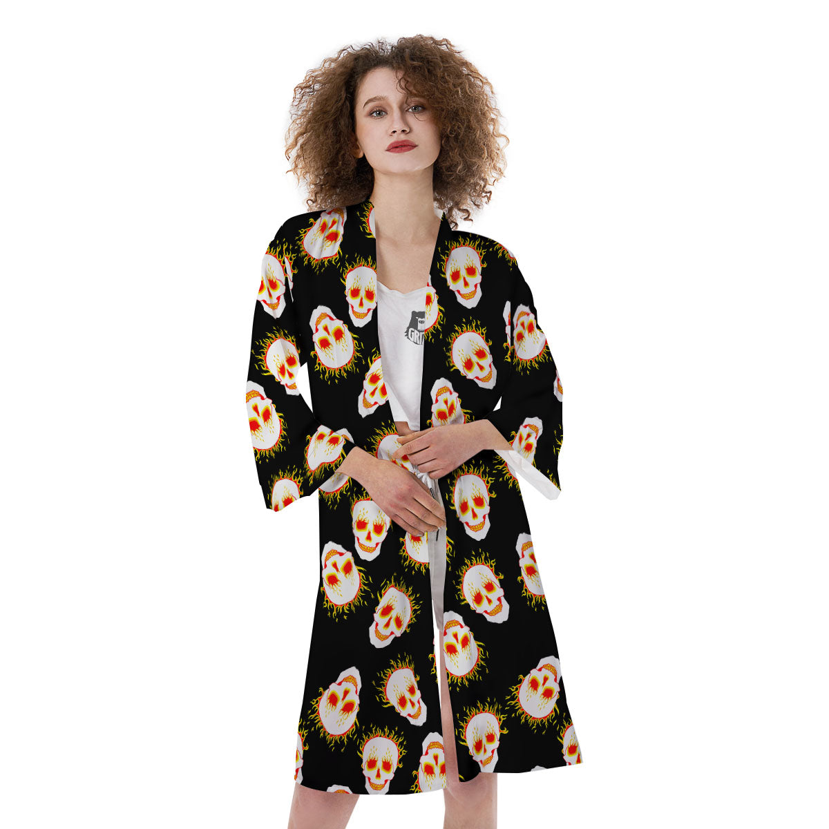 In Flames Skull Print Pattern Kimono-grizzshop