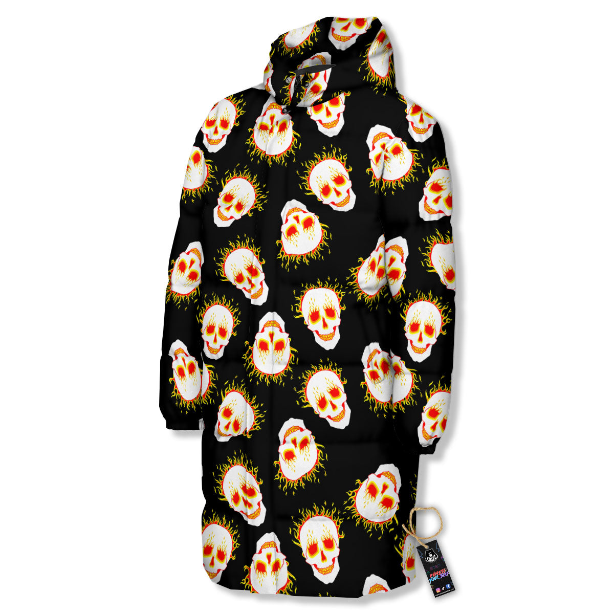 In Flames Skull Print Pattern Long Down Jacket-grizzshop