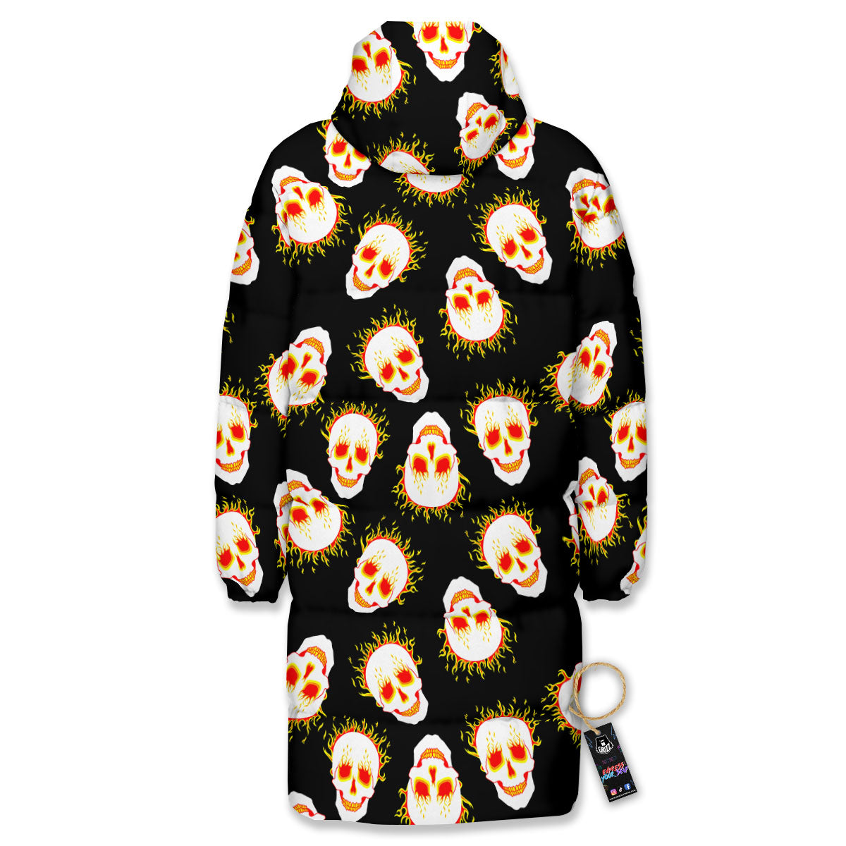 In Flames Skull Print Pattern Long Down Jacket-grizzshop
