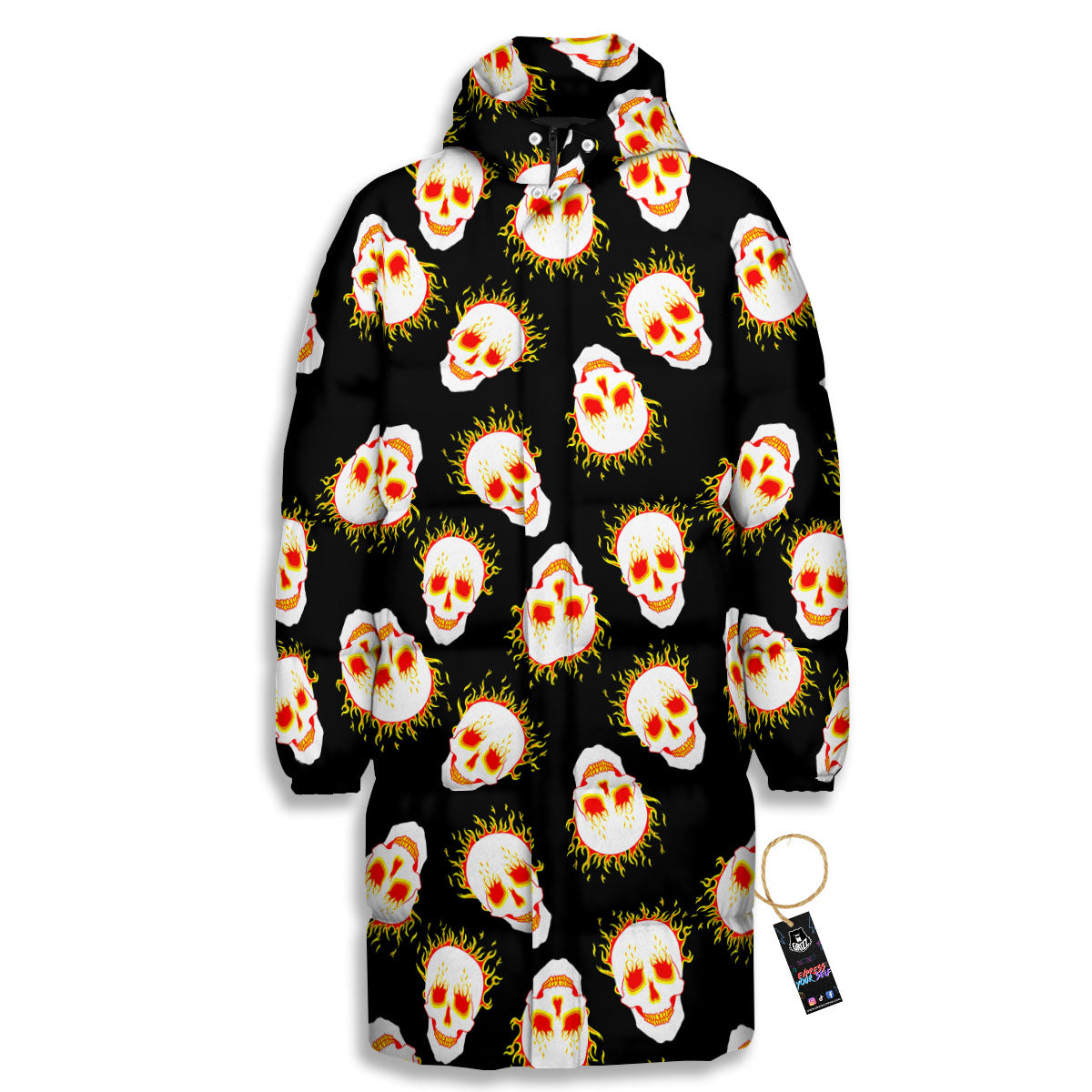 In Flames Skull Print Pattern Long Down Jacket-grizzshop