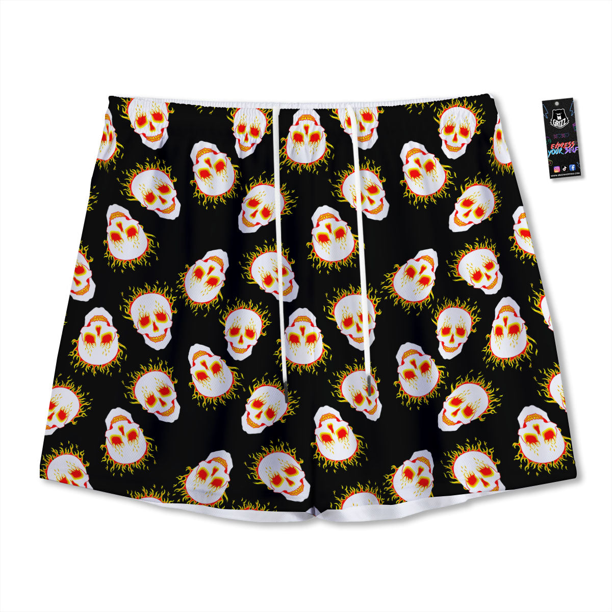 In Flames Skull Print Pattern Mesh Shorts