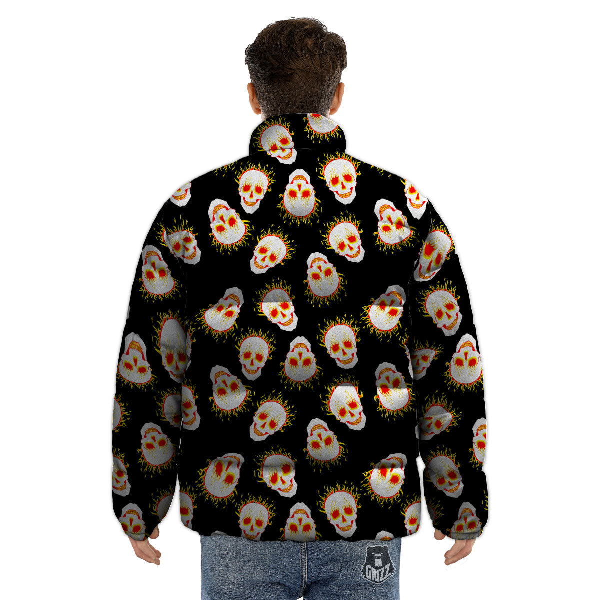 In Flames Skull Print Pattern Puffer Jacket-grizzshop