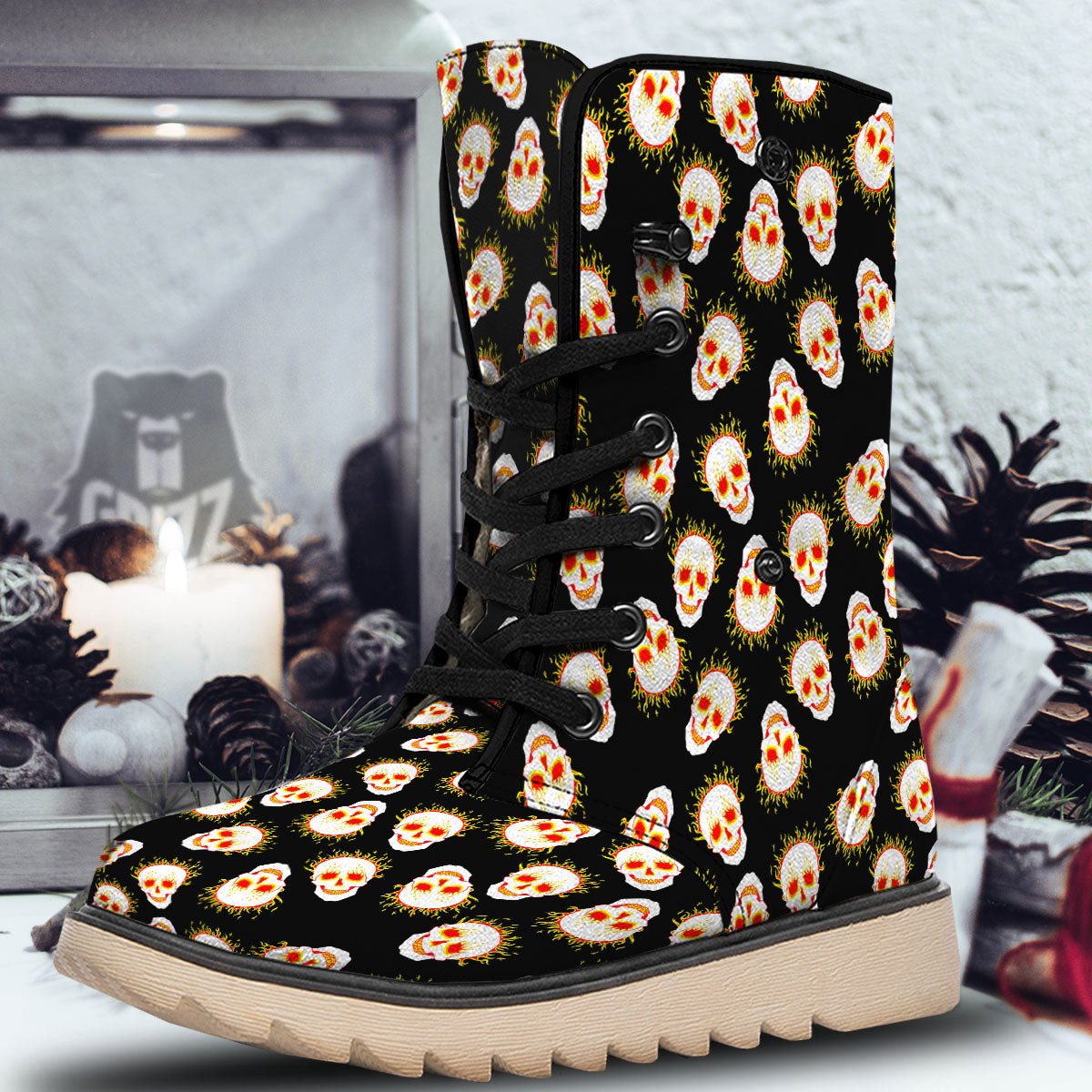 In Flames Skull Print Pattern Snow Boots-grizzshop